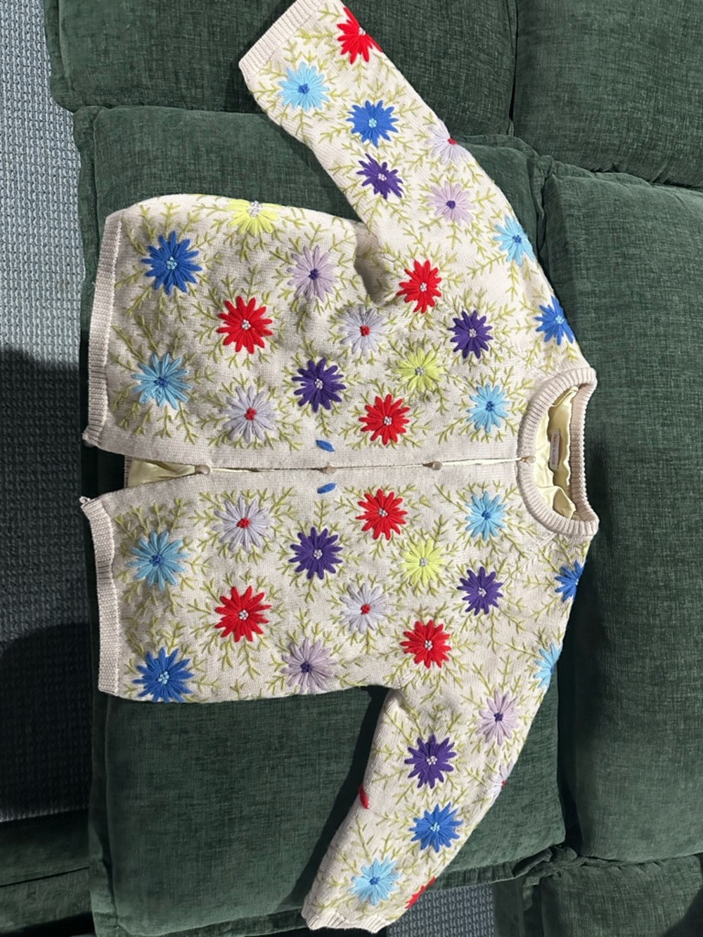 Frances Valentine Cream Cardigan with Blue Flower Embroidery